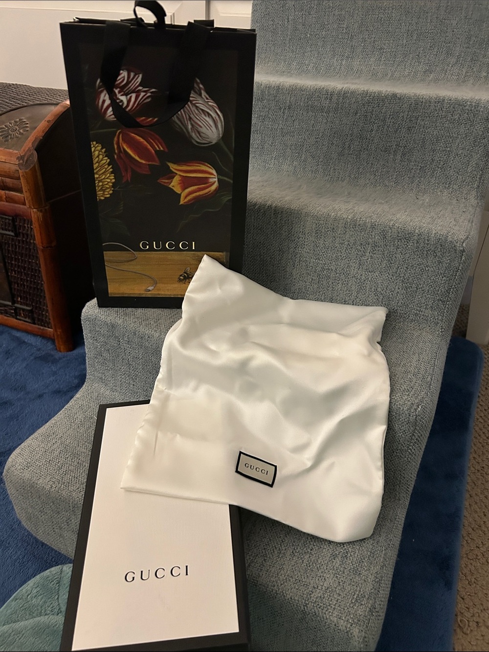 Gucci box with white Satin Dust Bag and Gucci Floral Gift Bag